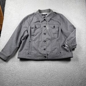 Christiana Zinn Denim Jacket Womens 3X Gray Pockets Animal Print Cuffs Y2K Retro
